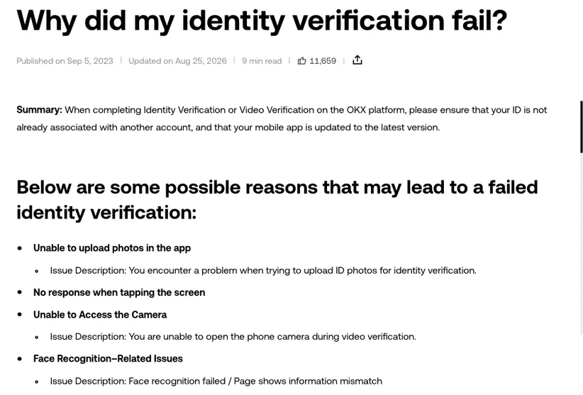 Reasons OKX lists for a failed identity check, under the page title and summary: app photo uploads failing, taps not responding, the camera not opening during video verification, and face recognition mismatches