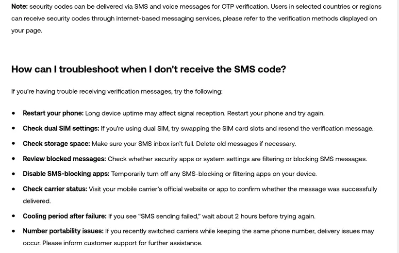 OKX Help Center checklist under How can I troubleshoot when I don't receive the SMS code: restart your phone, check dual SIM settings, storage space, blocked messages, SMS-blocking apps, carrier status, the cooling period and number portability