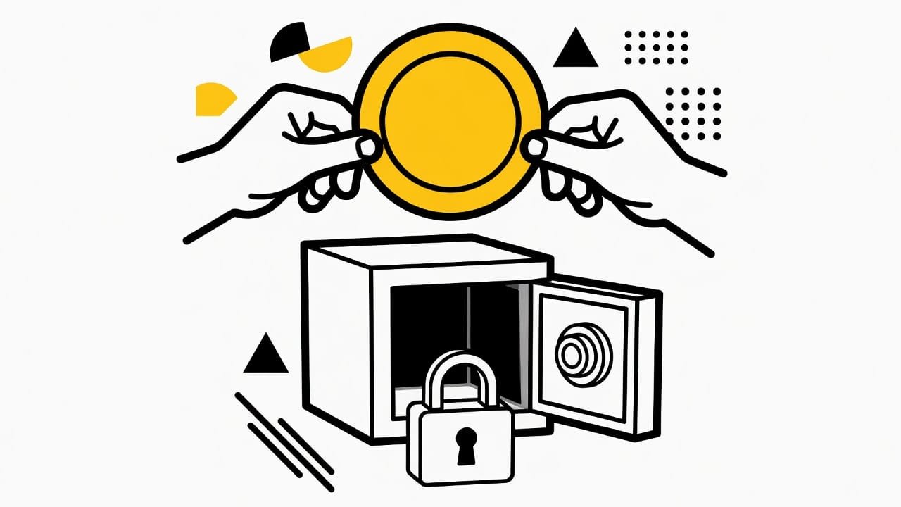 Illustration: two hands passing a coin above an open safe with a padlock