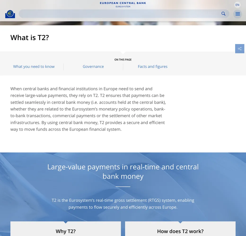 The European Central Bank's page explaining the T2 settlement system