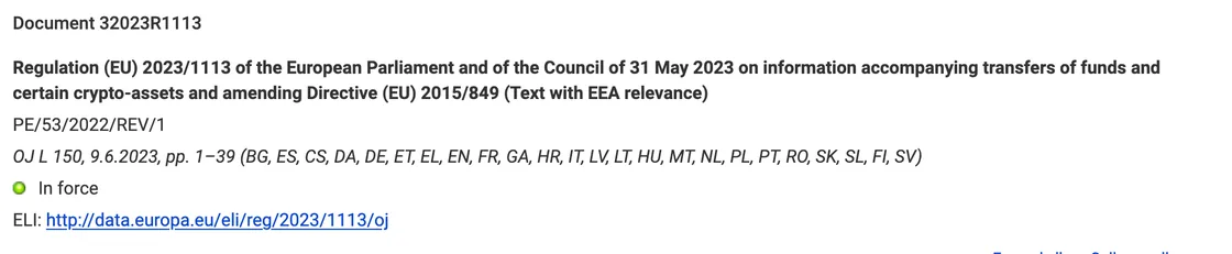 EUR-Lex document page for Regulation (EU) 2023/1113 showing the CELEX number, Official Journal reference and In force status