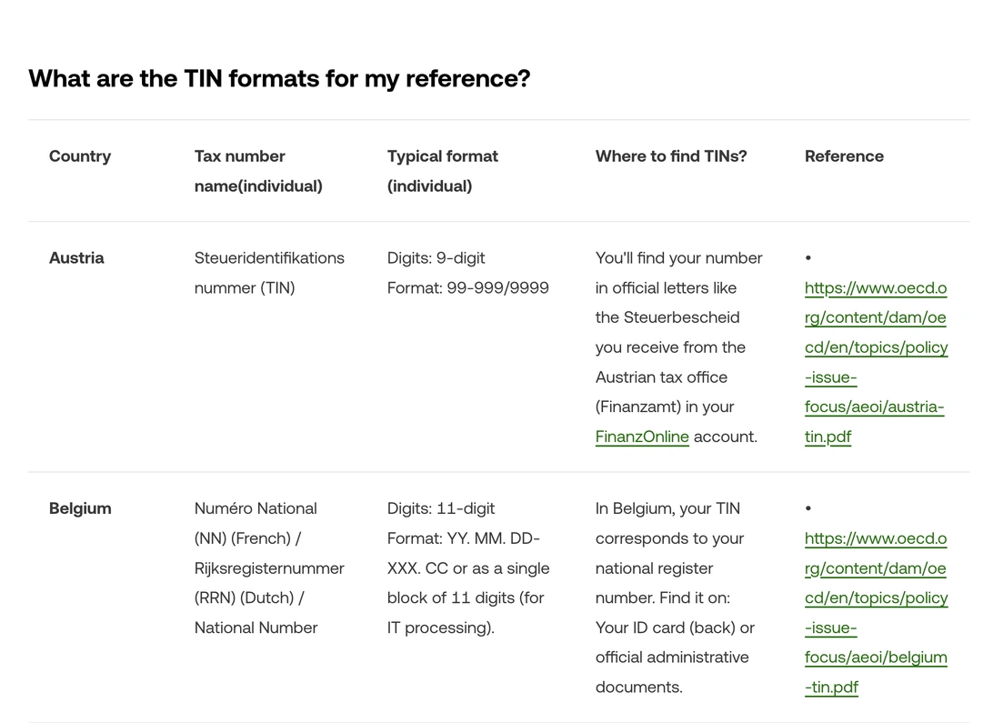 OKX help page table giving the tax number name, format and where to find it for Austria and Belgium