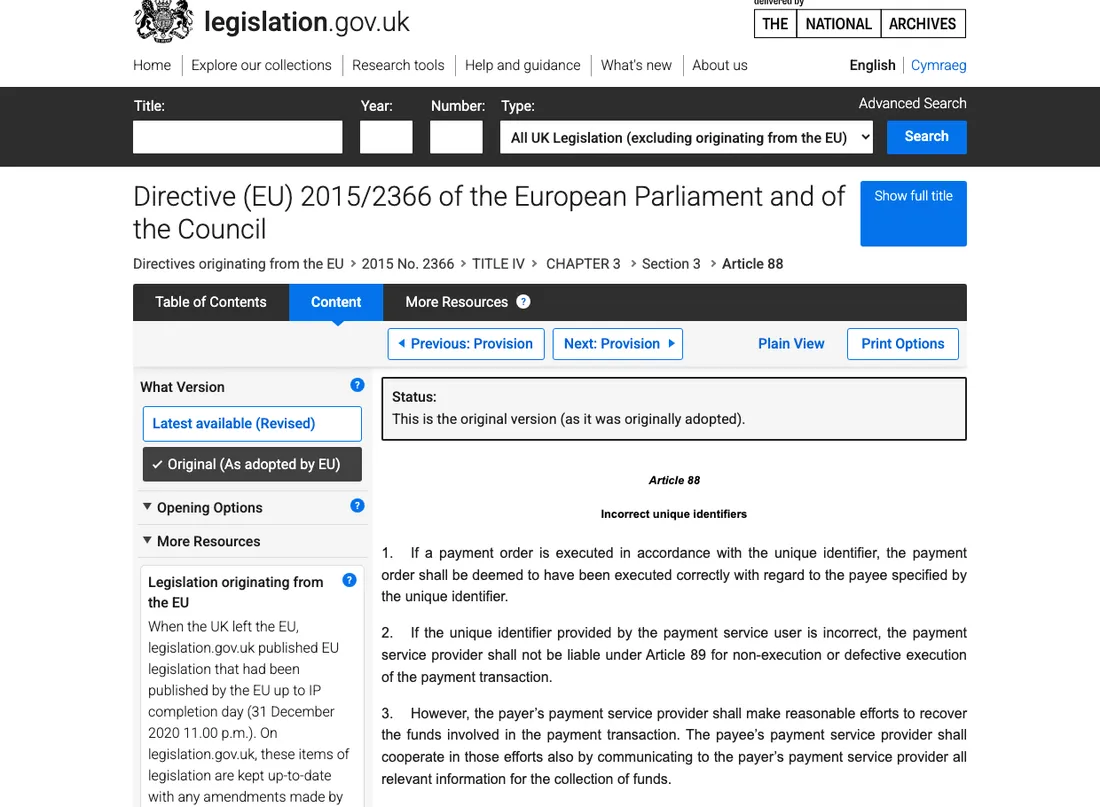 Article 88 of the Payment Services Directive, Incorrect unique identifiers, on legislation.gov.uk