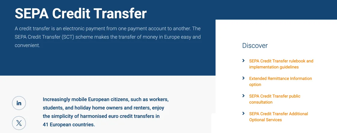 The European Payments Council website showing the SEPA Credit Transfer scheme page